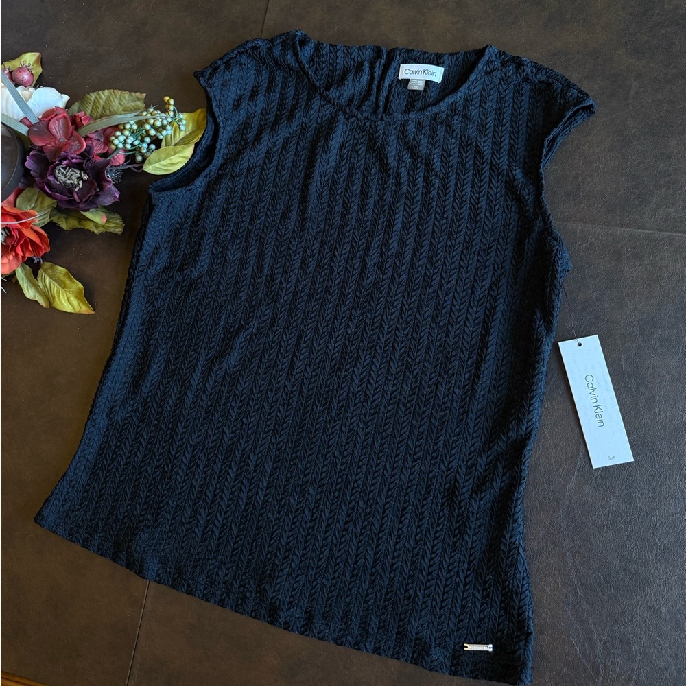 NWT Calvin Klein Textured Knit Crew Neck Cap Sleeve Top in Navy, Size: Large - Picture 7 of 12